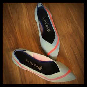 Rothy’s Flats. Baby Blue w. Coral Stripe, 9.5.